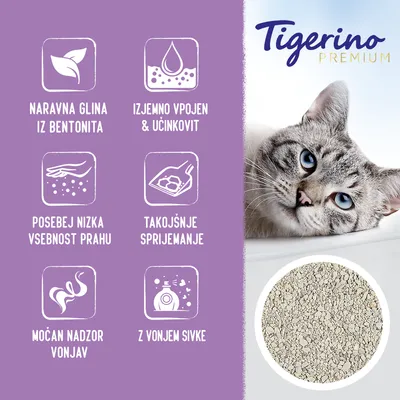 Tigerino Premium. Naravna glina iz bentonita, izjemno vpojen & učinkovit, posebej nizka vsebnost prahu, takojšnje sprijemanje, močan nadzor vonjav, z vonjem sivke.