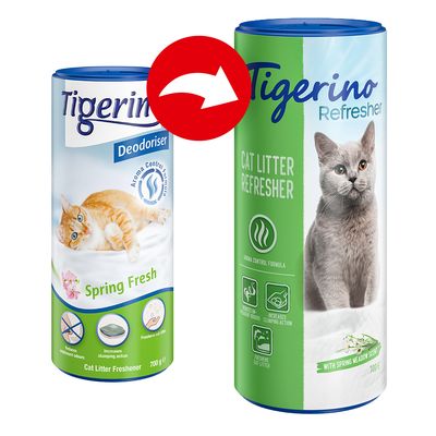 Ancien emballage Tigerino Deodoriser Spring Fresh 700 g à gauche, nouveau Tigerino Refresher Cat Litter Refresher 700 g à droite, texte en anglais, images de chats et icônes visibles.