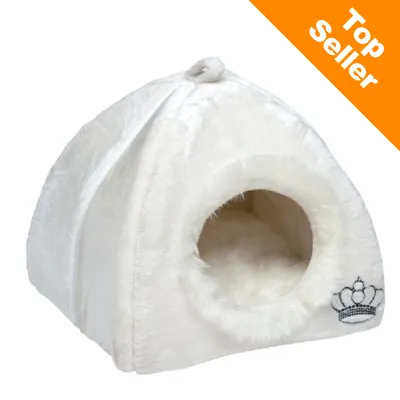 Biela plyšová búda pre mačky alebo malé psy s vyšitým motívom koruny, nápis Top Seller v oranžovom rohu Biela plyšová búda pre mačky alebo malé psy s vyšitým motívom koruny, nápis Top Seller v oranžovom rohu