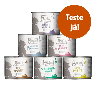 Seis latas de comida húmida para gatos MjAMjAM com diferentes variedades em alemão. Círculo laranja com texto: Teste já!