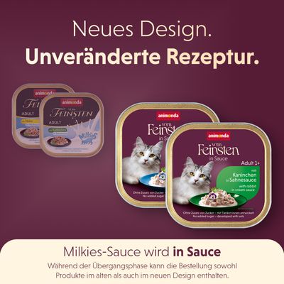 Neues Design, unveränderte Rezeptur. Milkies-Sauce wird in Sauce. Produkte können im alten und neuen Design bestellt werden.