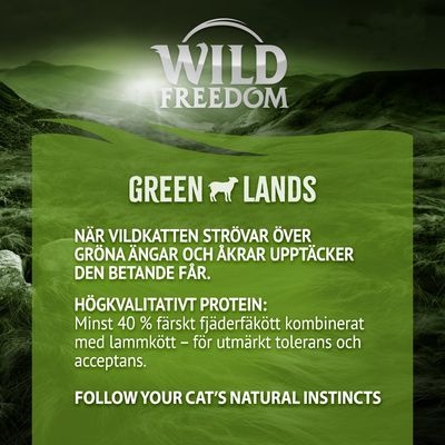 Wild Freedom Green Lands kattmat, 100% spannmålsfri sammansättning, färskt fjäderfäkött med lamm, 6,5 kg förpackning.