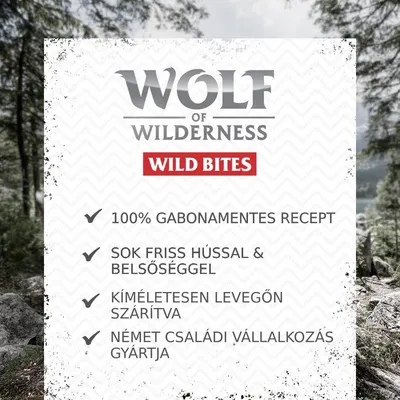 WOLF OF WILDERNESS WILD BITES, 100% gabonamentes recept, sok friss hússal és belsőséggel, kíméletesen levegőn szárítva, német családi vállalkozás gyártja