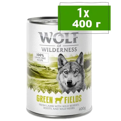 Консерва Wolf of Wilderness Green Fields 400 г, 100% grain-free recipe. Надпис: 1x 400 г. Текст: fresh lamb with wild berries, roots and wild herbs.
