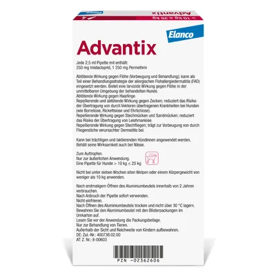 Advantix® 250 Spot-on für Hunde, von 10 bis 25 kg - 4 Pipetten x 2,5 ml