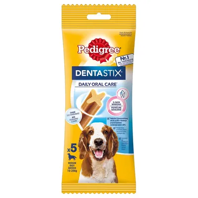 Pedigree Dentastix Daily Oral Care, fără adaos de zahăr, acțiune triplă, pentru câini de talie medie 10-25 kg, pachet cu 5 bucăți.
