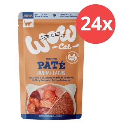 WOW Cat Premium Paté Huhn & Lachs, 70% Huhn und Lachs, getreidefrei, Made in Germany, Packung mit 24 Stück.