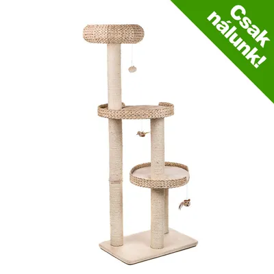 Háromszintes, szizáloszlopos macskabútor két függő játékkal. Sarokban zöld mező: Csak nálunk! Háromszintes, szizáloszlopos macskabútor két függő játékkal. Sarokban zöld mező: Csak nálunk!