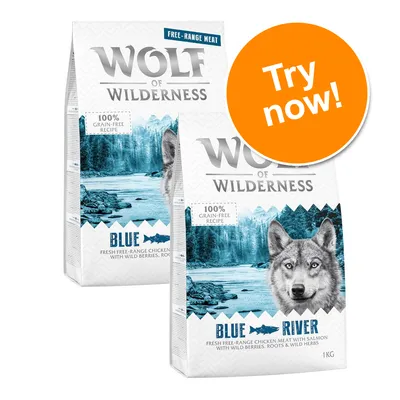 Wolf of Wilderness Blue River, 1kg bag, 100% grain-free recipe, fresh free-range chicken meat with salmon, wild berries, roots and wild herbs. Orange badge reads: Try now!