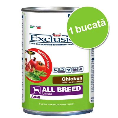 Conservă Dorado Exclusion All Breed formula Adult, Chicken, 1 bucată. Text vizibil: Mediterraneo, Super Premium Dog Food, Product of Italy. Imagine cu legume și carne de pui.