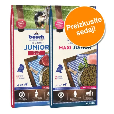 bosch Junior in Maxi Junior pasja hrana, 15 kg, z jagnjetino in rižem ali perutnino, 25/24 % beljakovin, 13/12 % maščob. Besedilo na oranžnem krogu: Preizkusite sedaj!