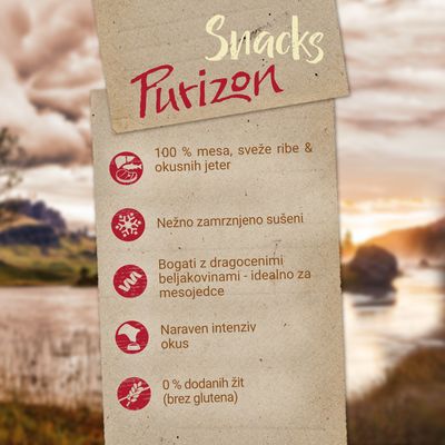 Purizon Snacks: 100 % mesa, sveže ribe in jetra, nežno zamrznjeno sušeni, bogati z beljakovinami, naraven okus, 0 % dodanih žit (brez glutena).