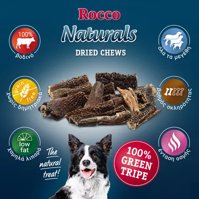 Rocco Naturals DRIED CHEWS, 100% βοδινό, χωρίς δημητριακά, χαμηλά λιπαρά, όλα τα μεγέθη, βαθμός σκληρότητας, ένταση οσμής, 100% GREEN TRIPE. Εικόνα σκύλου και αποξηραμένων λιχουδιών.