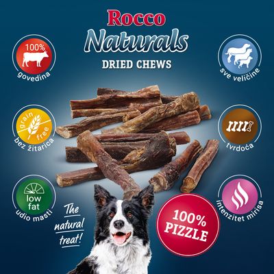 Rocco Naturals Dried Chews, 100% govedina, bez žitarica, udio masti low fat, tvrdoća, intenzitet mirisa, 100% pizzle, za sve veličine pasa. Tekst na engleskom i hrvatskom.