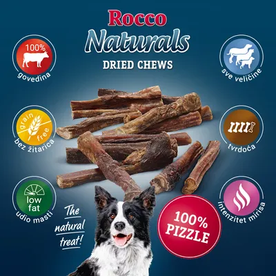 Rocco Naturals Dried Chews, 100% govedina, bez žitarica, udio masti low fat, tvrdoća, intenzitet mirisa, 100% pizzle, za sve veličine pasa. Tekst na engleskom i hrvatskom.