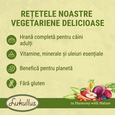 REȚETELE NOASTRE VEGETARIENE DELICIOASE. Hrană completă pentru câini adulți, vitamine, minerale și uleiuri esențiale, benefică pentru planetă, fără gluten. Lukullus.