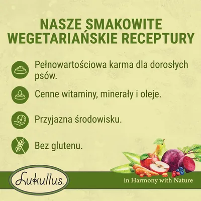 Nasze smakowite wegetariańskie receptury. Pełnowartościowa karma dla dorosłych psów, cenne witaminy, minerały i oleje, przyjazna środowisku, bez glutenu. Lukullus.
