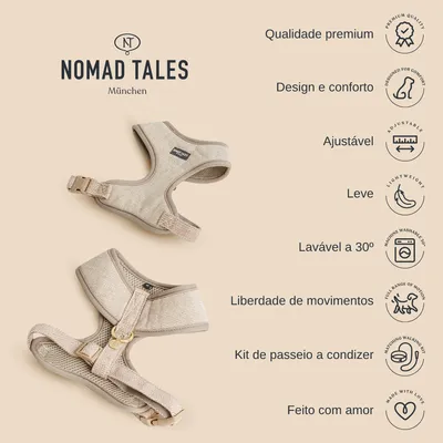 Arnês bege Nomad Tales München com texto: Qualidade premium, Design e conforto, Ajustável, Leve, Lavável a 30°, Liberdade de movimentos, Kit de passeio a condizer, Feito com amor.