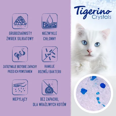 Tigerino Crystals. Gruboziarnisty żwirek silikatowy, niezwykle chłonny, zatrzymuje brzydkie zapachy, hamuje rozwój bakterii, niepyłacy, bez zapachu dla wrażliwych kotów.