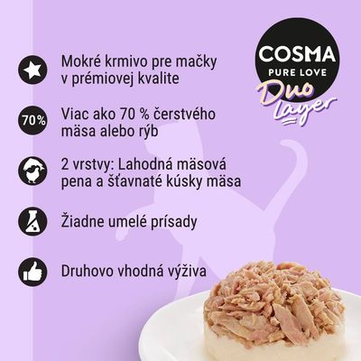 COSMA Pure Love Duo Layer. Mokré krmivo pre mačky, viac ako 70 % čerstvého mäsa alebo rýb, 2 vrstvy, žiadne umelé prísady, druhovo vhodná výživa. Zobrazené jedlo na tanieri.