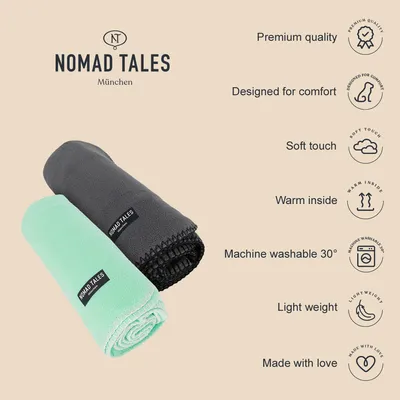 Dwa polarowe koce Nomad Tales München, jeden miętowy, drugi szary. Widoczne napisy: Premium quality, Designed for comfort, Soft touch, Warm inside, Machine washable 30°, Light weight, Made with love.