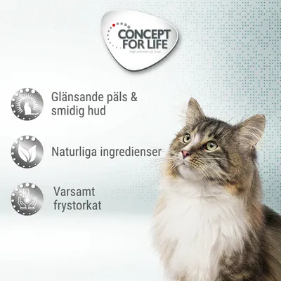 Concept for Life. Glänsande päls & smidig hud, Naturliga ingredienser, Varsamt frystorkat. Bild på långhårig katt till höger.