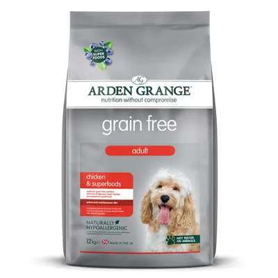 Grain free adult pet food with chicken and superfoods, naturally hypoallergenic, not tested on animals, made in the UK. Features a picture of a dog on the packaging.