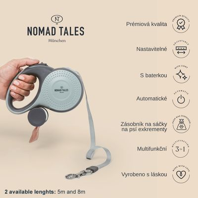 Vodítko NOMAD TALES München, nastavitelná délka 5 m nebo 8 m, s baterkou a zásobníkem na sáčky na psí exkrementy. Text: Prémiová kvalita, automatické, multifunkční, vyrobeno s láskou.