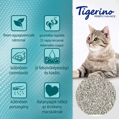Tigerino Performance. Finom agyagszemcsék nátronnal, garantáltan legalább 21 napig nincsenek kellemetlen szagok, különösen csomósodó, jó felszívóképességű és kiadós, porszegény, illatanyagok nélkül.