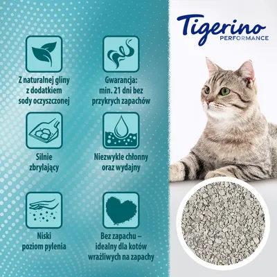 Tigerino Performance. Z naturalnej gliny z sodą oczyszczoną, silnie zbrylający, chłonny, niski poziom pylenia, bez zapachu, gwarancja 21 dni bez przykrych zapachów.