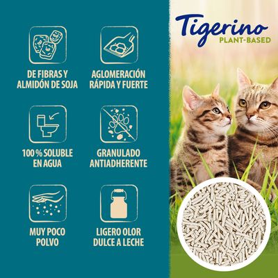 Tigerino Plant-Based. De fibras y almidón de soja, aglomeración rápida y fuerte, 100 % soluble en agua, granulado antiadherente, muy poco polvo, ligero olor dulce a leche.