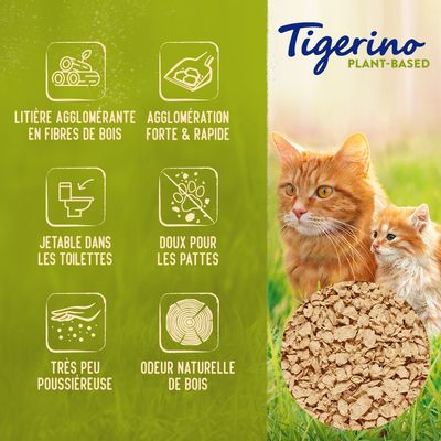 Tigerino Plant-Based. Litière agglomérante en fibres de bois, agglomération forte et rapide, jetable dans les toilettes, doux pour les pattes, très peu poussiéreuse, odeur naturelle de bois.