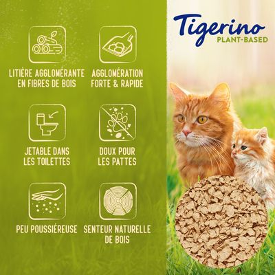 Tigerino Plant-Based, litière agglomérante en fibres de bois, forte agglomération, jetable dans les toilettes, douce pour les pattes, peu poussiéreuse, senteur naturelle de bois.