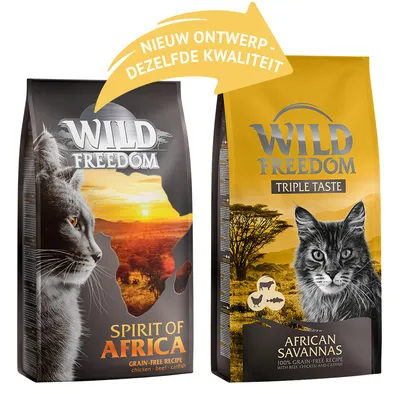 Twee zakken Wild Freedom kattenvoer: 'Spirit of Africa' (graanvrij, kip, rund, meerval) en 'Triple Taste African Savannas' (100% graanvrij, rund, kip, meerval). Nieuw ontwerp – dezelfde kwaliteit. Twee zakken Wild Freedom kattenvoer: 'Spirit of Africa' (graanvrij, kip, rund, meerval) en 'Triple Taste African Savannas' (100% graanvrij, rund, kip, meerval). Nieuw ontwerp – dezelfde kwaliteit.