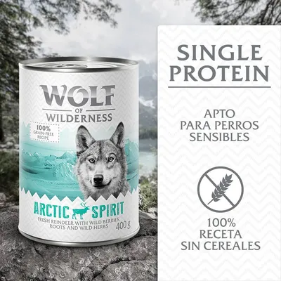 Wolf of Wilderness Arctic Spirit, comida húmeda para perros, 400 g. Single protein, apto para perros sensibles, 100 % receta sin cereales, con bayas silvestres y hierbas.