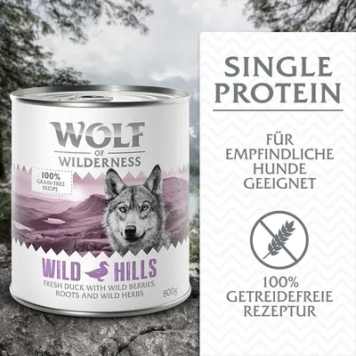 Wolf of Wilderness Wild Hills, frische Ente mit Waldbeeren, Wurzeln und Kräutern, 800g. Single Protein, für empfindliche Hunde geeignet, 100% getreidefreie Rezeptur.