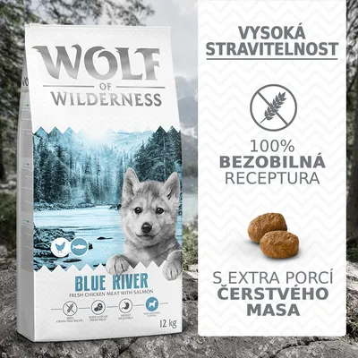 Wolf of Wilderness Blue River 12 kg, fresh chicken meat with salmon. Vysoká stravitelnost, 100% bezobilná receptura, s extra porcí čerstvého masa.