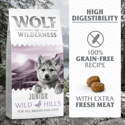 Wolf of Wilderness Junior "Wild Hills" bez obilné kachní - 400 g: nová receptura