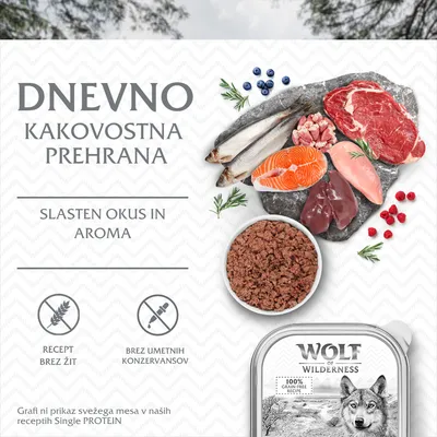 Dnevno kakovostna prehrana, slasten okus in aroma. Recept brez žit, brez umetnih konzervansov. Wolf of Wilderness 100% grain free recipe. Prikaz različnih vrst mesa in rib.