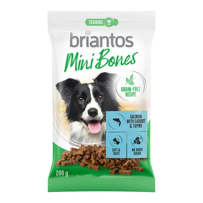 Briantos Mini Bones, 200g. Brez žit z lososom, korenjem in timijanom. Mehki in okusni, brez dodanega sladkorja. Primerni za trening.