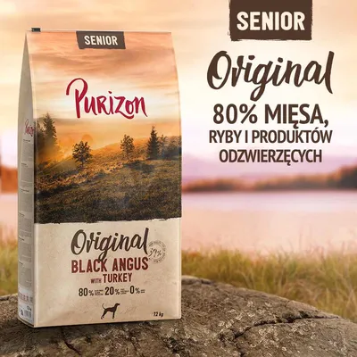 Purizon Senior Original Black Angus with Turkey, 12 kg. 80% mięsa, ryby i produktów odzwierzęcych. 20% warzyw, 0% zbóż. Widoczny napis: SENIOR.