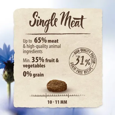 Single Meat: up to 65% meat and animal ingredients, minimum 35% fruit and vegetables, 0% grain, 31% high-quality protein, grain-free recipe, kibble size 10–11 mm.