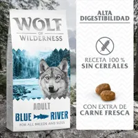 Wolf of Wilderness Blue River Adult. Alta digestibilidad, receta 100 % sin cereales, con extra de carne fresca. Para todas las razas y tamaños.