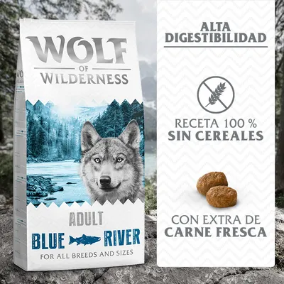 Wolf of Wilderness Blue River Adult. Alta digestibilidad, receta 100 % sin cereales, con extra de carne fresca. Para todas las razas y tamaños.