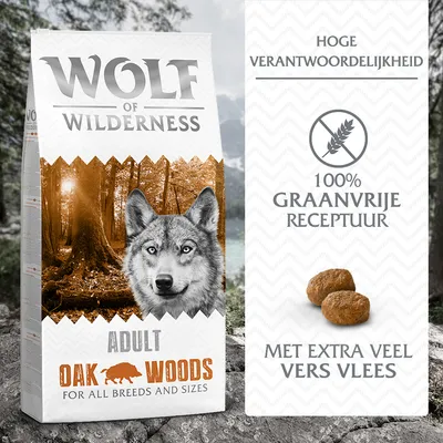 Wolf of Wilderness Adult Oak Woods hondenvoer, 100% graanvrije receptuur, hoge verantwoordelijkheid, met extra veel vers vlees. Voor alle rassen en maten.