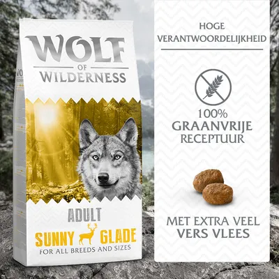 Wolf of Wilderness Adult Sunny Glade hondenvoer, hoge verantwoordelijkheid, 100% graanvrije receptuur, met extra veel vers vlees. Voor alle rassen en maten.