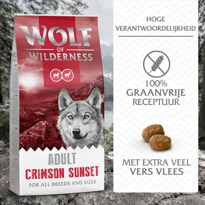 Wolf of Wilderness Adult Crimson Sunset hondenvoer, hoge verantwoordelijkheid, 100% graanvrije receptuur, met extra veel vers vlees. Voor alle rassen en maten. Wolf of Wilderness Adult Crimson Sunset hondenvoer, hoge verantwoordelijkheid, 100% graanvrije receptuur, met extra veel vers vlees. Voor alle rassen en maten.
