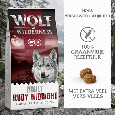 Wolf of Wilderness Adult Ruby Midnight hondenvoer, hoge verantwoordelijkheid, 100% graanvrije receptuur, met extra veel vers vlees. Voor alle rassen en maten. Wolf of Wilderness Adult Ruby Midnight hondenvoer, hoge verantwoordelijkheid, 100% graanvrije receptuur, met extra veel vers vlees. Voor alle rassen en maten.