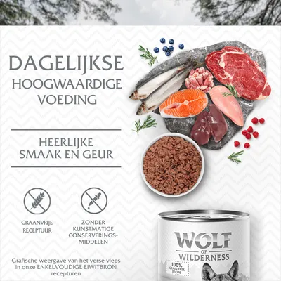 Wolf of Wilderness natvoer, grafische weergave van vers vlees, vis en bessen. Tekst: dagelijkse hoogwaardige voeding, heerlijke smaak en geur, graanvrije receptuur, zonder kunstmatige conserveermiddelen.