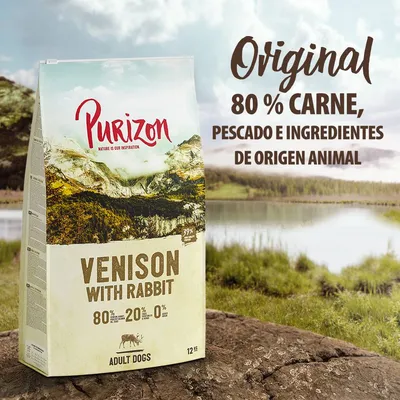 Purizon Venison with Rabbit para perros adultos, 12 kg. Original, 80 % carne, pescado e ingredientes de origen animal. 80 % – 20 % – 0 %. Texto en inglés y español visible.